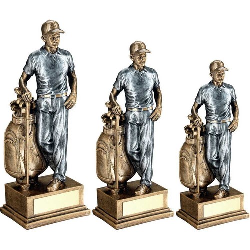 Male golfer and bag trophy - and,
